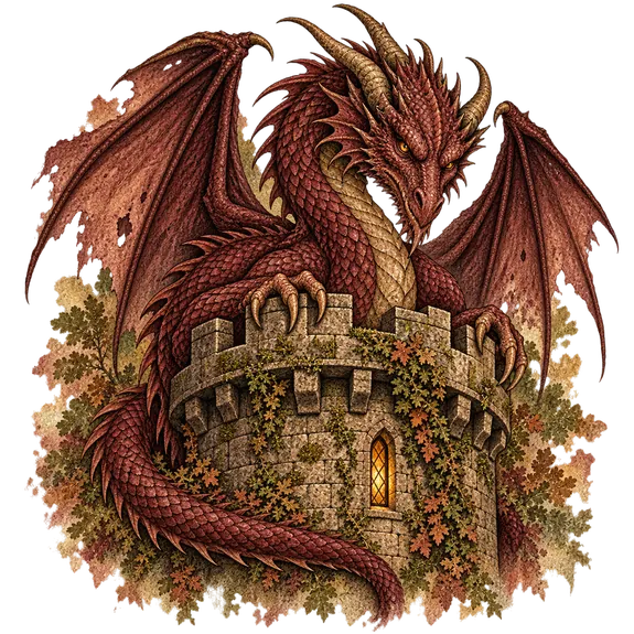 A great red dragon coiled over the battlements of a ruined castle, wings folded across the towers, one lit window glowing below.