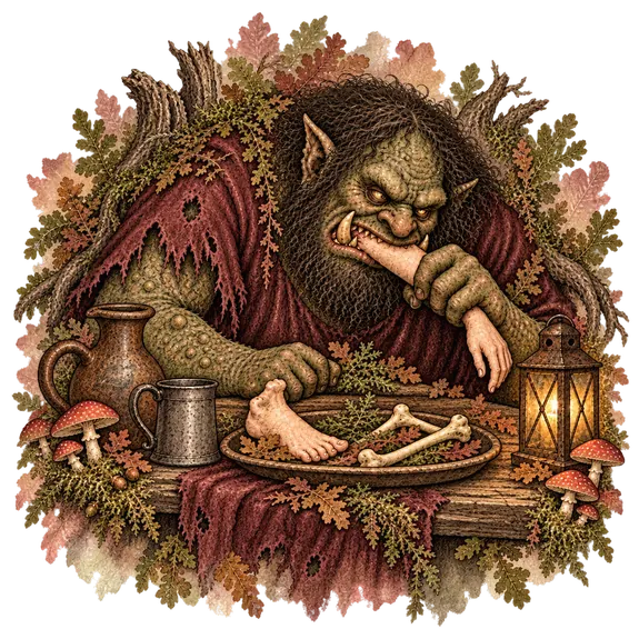 An ogre hunched over a plank table by lantern light, a platter of bones and a severed foot in front of him.