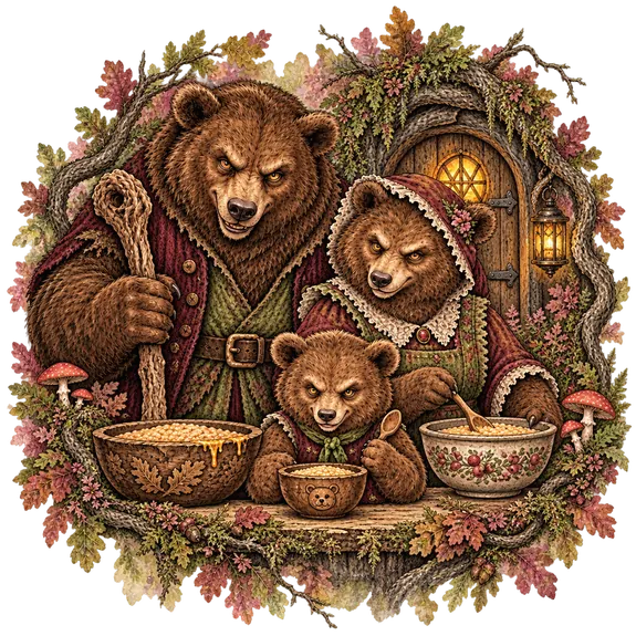 Three bears in old-fashioned clothes standing over their bowls of porridge outside a cottage door of roots and branches.